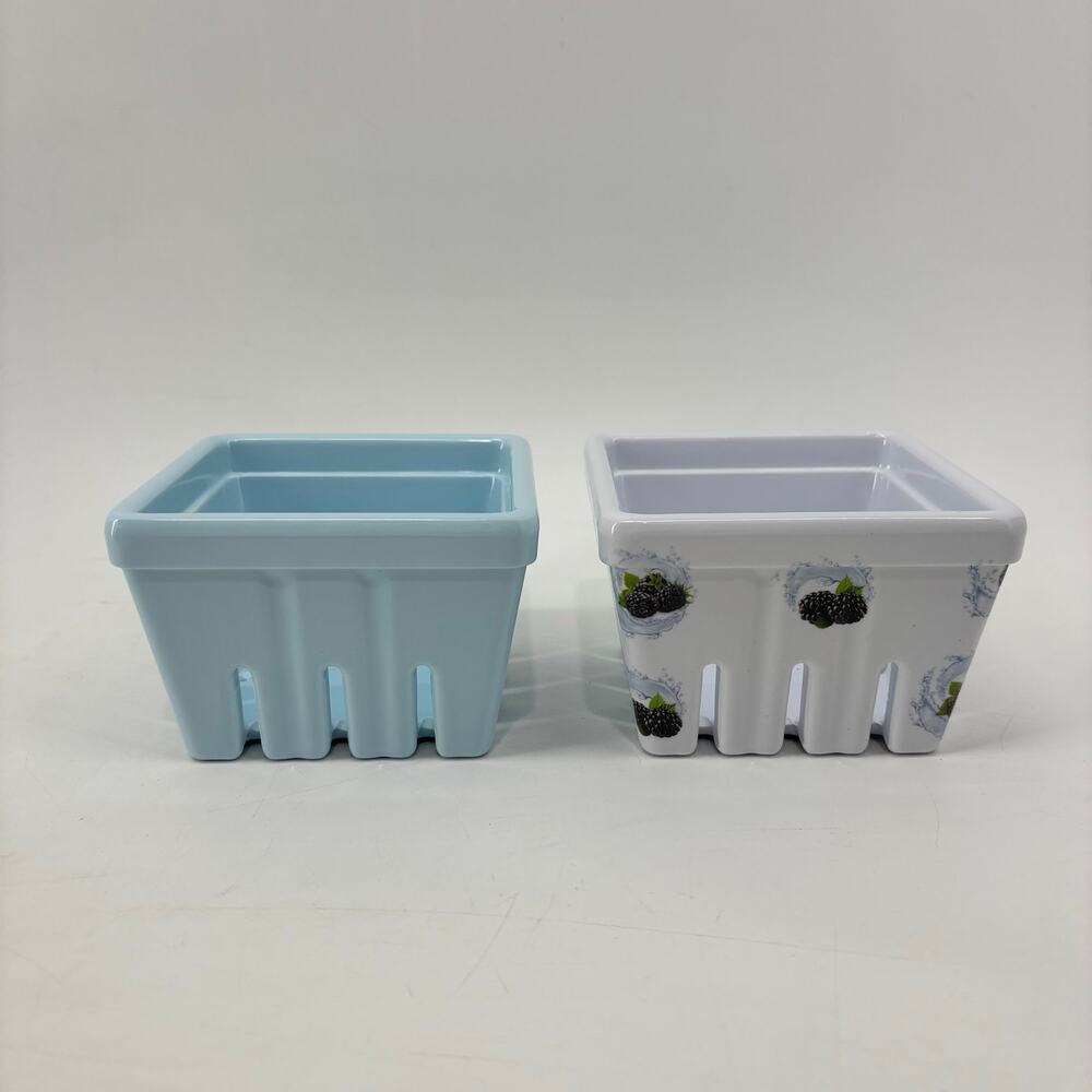 2 Raspberry Berry Dishes Set of 2 Blue White Colander Baskets